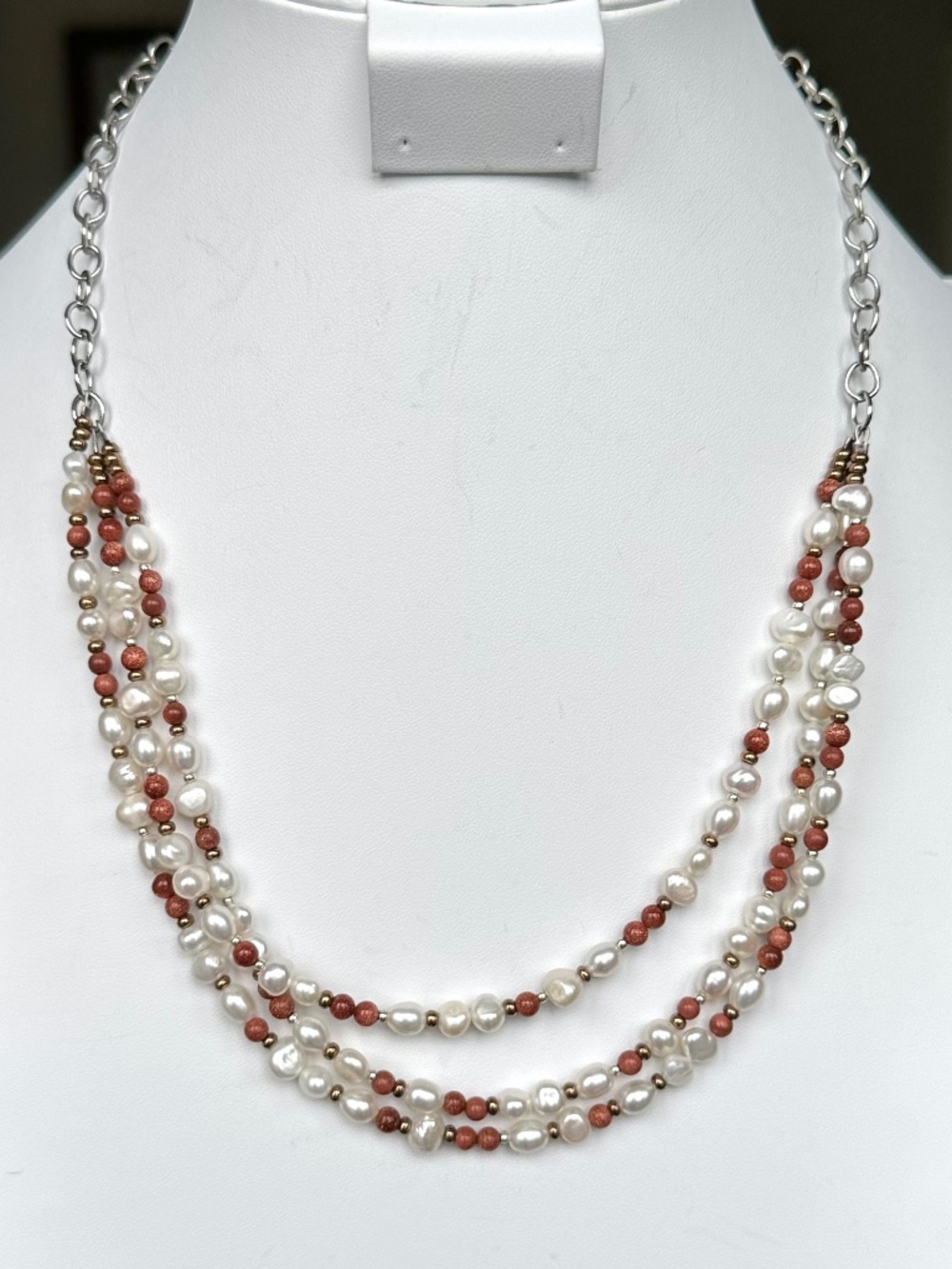 NWT Peyote Bird Free Spirit Pearl & Goldstone 3-Strand Adj. 14"-18" Necklace